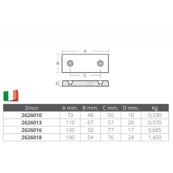 ANODO RETTANGOLARE  IN ZINCO MM.130x50x17