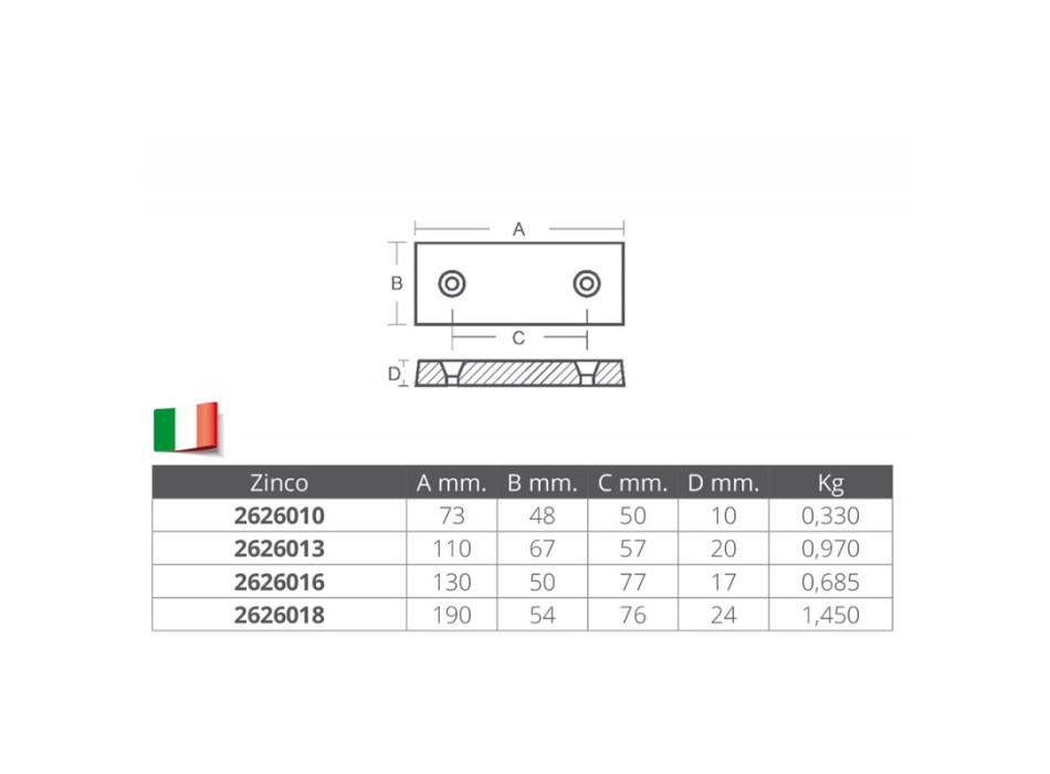 ANODO RETTANGOLARE  IN ZINCO MM.190x54x24