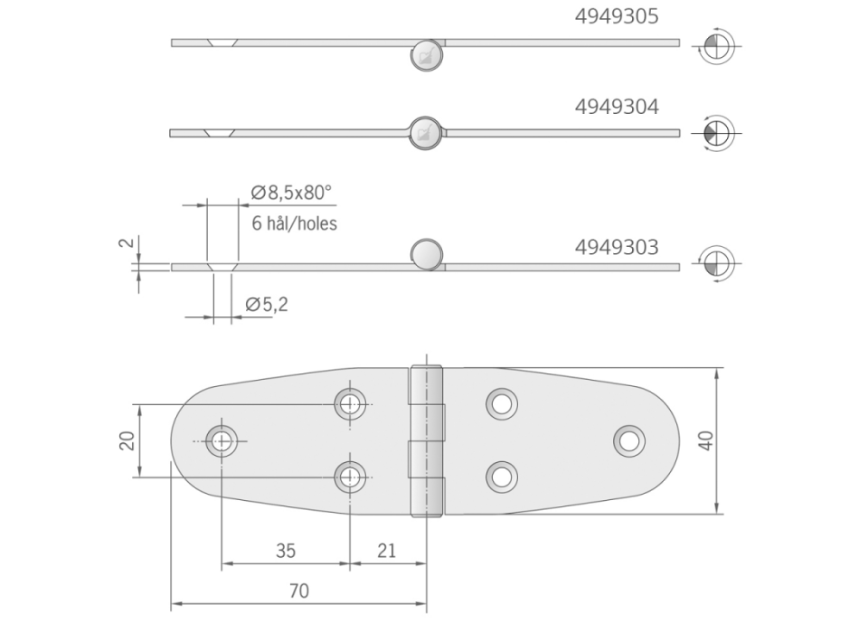 CERNIERA INOX CON PERNO CENTRALE MM.140X40