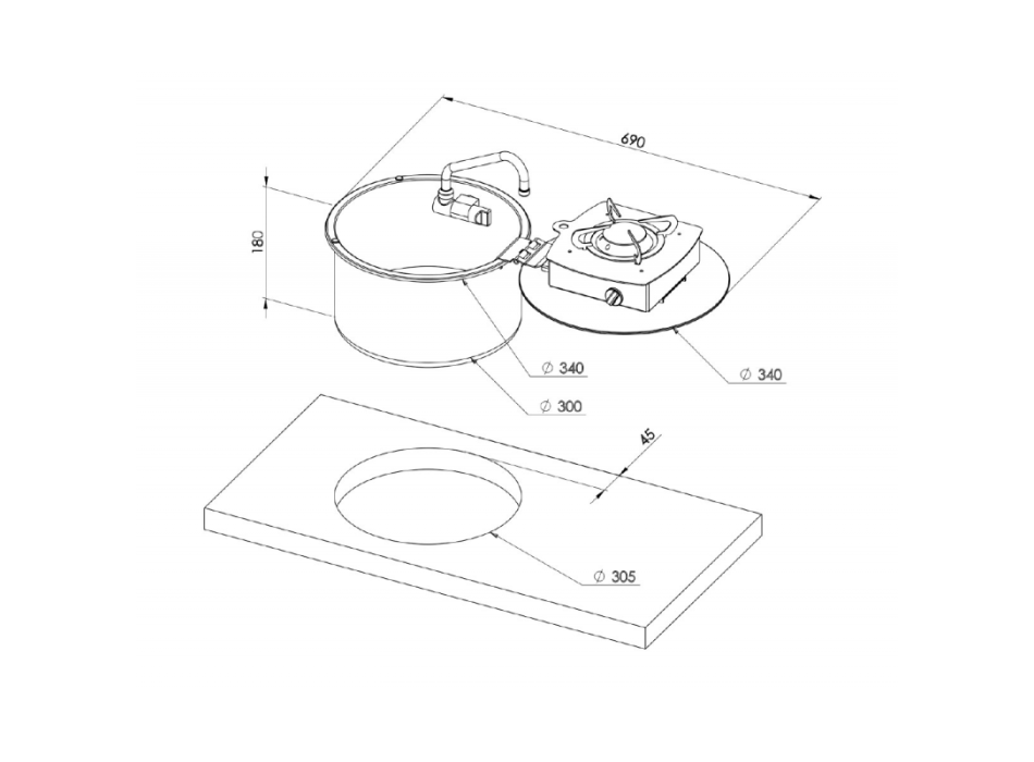 PIANO COTTURA A RIBALTA A 1 FUOCO